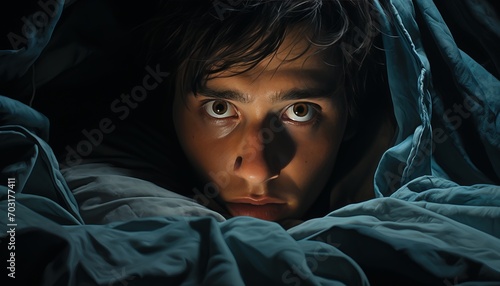 Restless insomniac struggling to sleep, displaying signs of restlessness, unease, and indifference