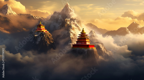 Majestic buddhist temple nestled in misty mountain surroundings at dawn exudes serenity and spiritual awakening, dreamlike tibetan temple radiates atmosphere of calm and tranquility