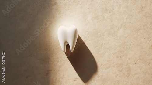 Human tooth against stone beige background with shadow cast by strong light, represents simplicity maintaining healthy teeth, child milk tooth, minimalistic dental care concept