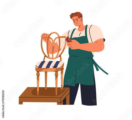 Furniture maker works, makes wooden chair, polishing wood. Artisan, restorer restoring. Carpentry, joinery, restoration, woodwork worker. Flat graphic vector illustration isolated on white background