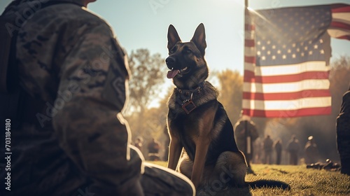 Expansive view capturing the solemnity of Veterans Day with a military man and service German Shepherd, the US flag forming a powerful background.