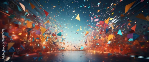 Falling confetti and abstract shapes converge, forming a visually stunning scene perfect for an attention-grabbing sales promotion.