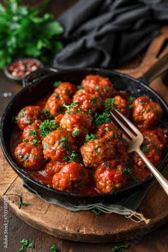 A mouthwatering image of meatballs cooked in a savory tomato sauce. Perfect for recipes, Italian cuisine, and comfort food themes