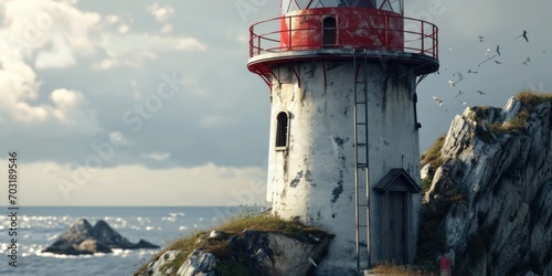 A striking image of a red and white lighthouse perched atop a cliff. Perfect for coastal landscapes and maritime themes