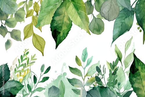 A watercolor painting of green leaves on a white background. Perfect for nature-themed designs or botanical illustrations