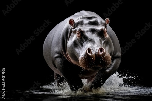 A morphed face of a pygmy hippopotamus, appearing as if riding a hippo, is seen in water against a deep black background.