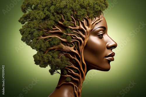 A 3d portrait presents a woman with a tree on her head, portraying a beautiful, elegant dryad or forest goddess.