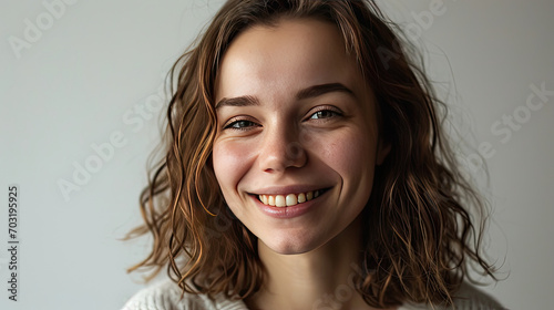 Portrait of young happy woman looks in camera on white background