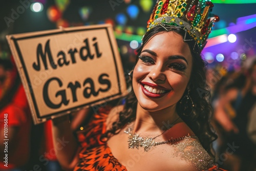 Mardi Gras concept image with woman at carnival holding Mardi Gras sign on shrove thursday holiday