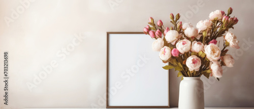 Still life with peonies composition. Mockup with empty frame and vase with flowers. Copy space. Generative AI 