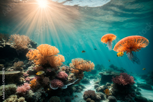 underwater world scene. coral reef and sun ray clean ocean