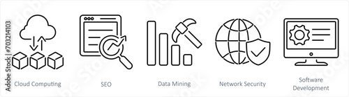A set of 5 Hard Skills icons as cloud computing, seo, data mining