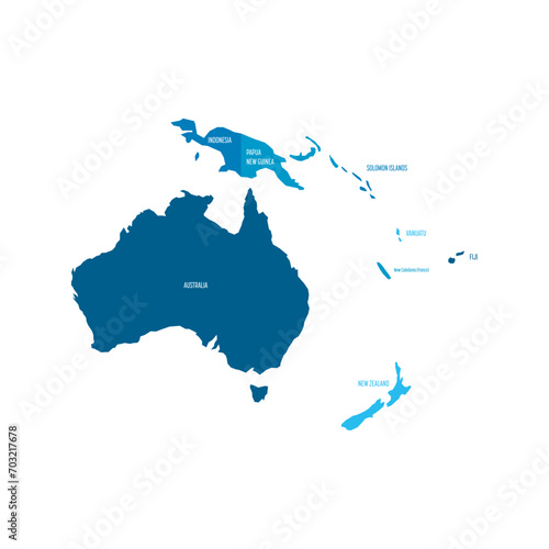 Political map of Australia. Blue colored land with country name labels on white background. Ortographic projection. Vector illustration
