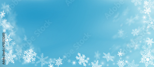 Blue snowflake background. Vector banner. White snowflakes on blue background