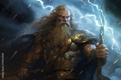 Illustration of Perun, Slavic god of thunder and lightning, wielding a mighty hammer amidst a stormy sky