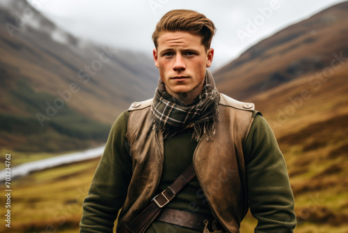 A young attractive guy stands in a national Scottish costume against the backdrop of green misty hills