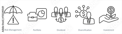 A set of 5 Investment icons as risk management, portfolio, dividend