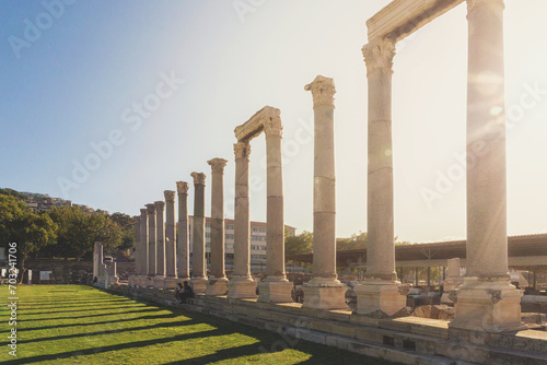 Colonnade of Agora in ancient Smyrna as seen against summer light at sunset. Izmir, Turkey (Turkiye)