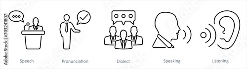 A set of 5 Language icons as speech, pronounciation, dialect