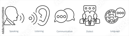 A set of 5 Language icons as speaking, listening, communication