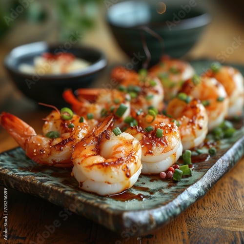 Crevettes, gambas cuisinées et bien présentées alignées sur une assiette. Shrimp, prawns cooked and well presented lined up on a plate.
