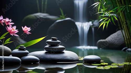 zen basalt stones and bamboo on the black background with waterfalls
