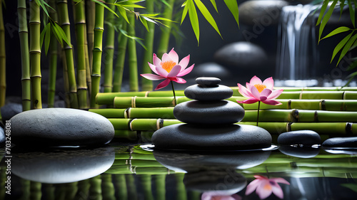 zen basalt stones with water lily and bamboo on black background