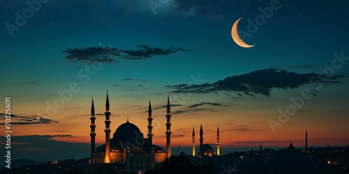 Muslim mosque silhouette and the moon in the night sky. Ramadan festive, islam religion