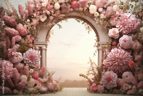 festive lush elegant arch of flowers. roses, peonies, wildflowers. arch for presentations and ceremonies. delicate feminine romantic backdrop