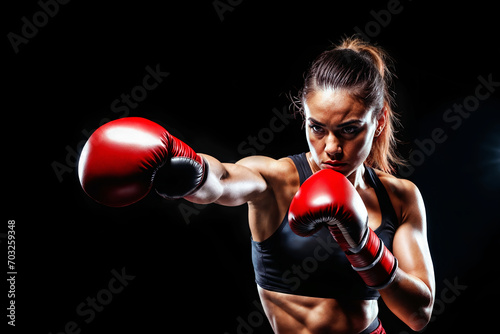 Portrait of a female boxer wearing red gloves with her arm extended in a jab. Dramatic lighting isolated on black