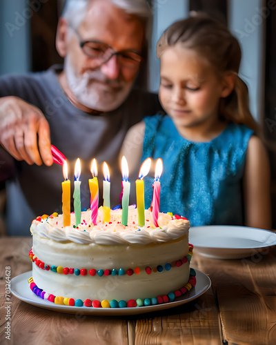 Dziadek zapalający świeczki na urodzinowym torcie wnuczki