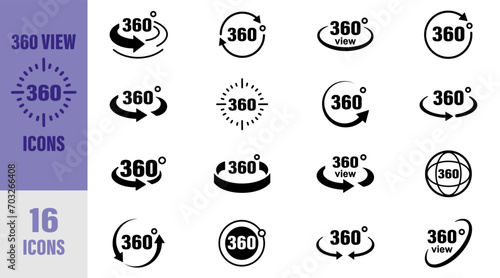 360 degrees arrow, rotate around set icon. Circle signs vertical, horizontal and diagonal view with arrows rotation to 360 degrees. Virtual reality. Rotate cycle, circular moving symbol. EPS 10