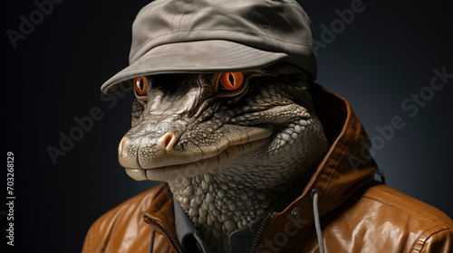 Close-Up Of a funny crocodile Wearing Hat and brown leather jacket