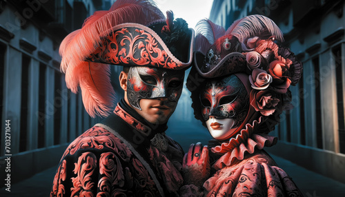 Elegant couple with typical glamorous masks for a masquerade ball. Couple with carnival dresses and masks on the streets of Venice