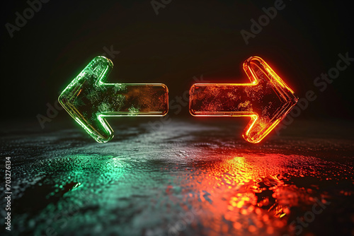 Green and red neon arrows facing each other on a reflective surface