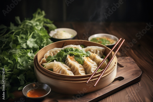Dumplings in bamboo steamer with chopsticks on wooden table . Asian food background