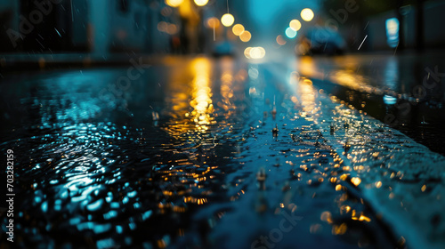 Close-up of an asphalt city road in rainy weather with blurry buildings in the background.