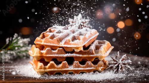 Belgian waffles with powdered sugar. Selective focus.