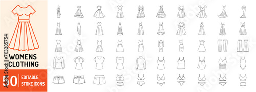Women’s Clothing editable stroke outline Icons set. Saree, wedding dress, sleeveless, casual, babydoll dress, bridal gown, sundress, legging, pants and bra. Vector illustration