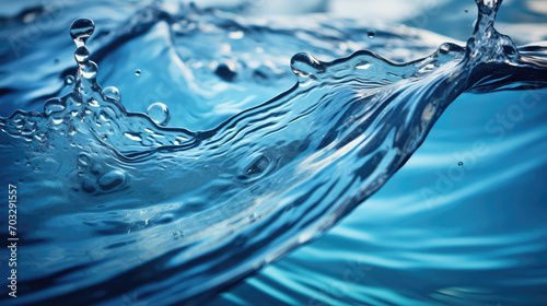 Close-up of the surface of clear crystal water with drops and splashes. Blue artesian water, benefits of clean water for the health, abstract hydration background.