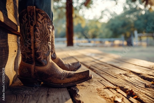 Patterned embroidered shoes against a rustic wild west landscape. Close-up of a man in worn cowboy boots standing on a wooden floor overlooking a ranch.