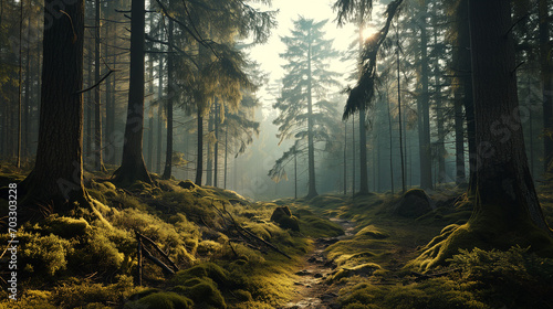 Paysage forestier, une forêt de pins centaines, paysage calme et reposant le matin, au printemps ou au début d'automne, un petit chemin serpente entre les arbres