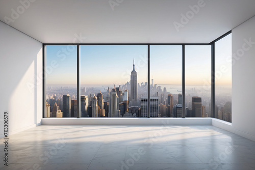 Interior skyscrapers view cityscape mockup of a blank room with a white wall during the day. Skyline view from a high-rise window. A gorgeous real estate with a view.