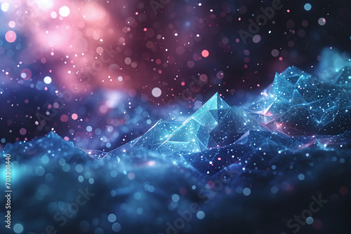 Abstract Network Connections, Blue Polygonal Mesh with Sparkling Bokeh Background