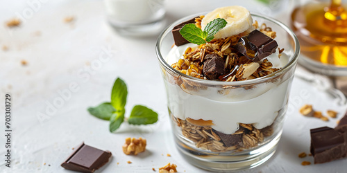 muesli with yogurt, banana, nuts, chocolate and honey in a glass