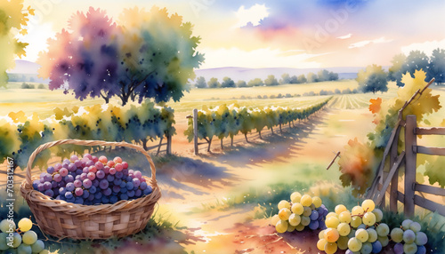 watercolor painting a pile of grapes sitting in a basket in the field garden