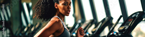 Attractive young sports black woman is working out in gym. Doing cardio training on treadmill. Running on treadmill. AI generated.
