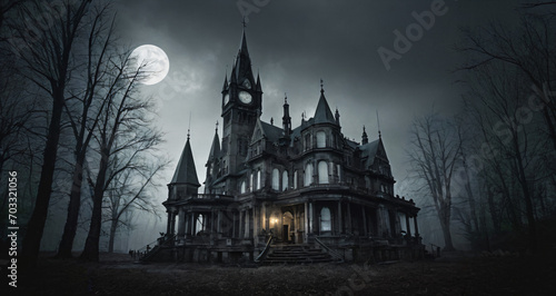 church in the night,Gothic mansion, A dark and gloomy gothic style mansion or church under a starry sky. The mansion has many spires,Generative AI