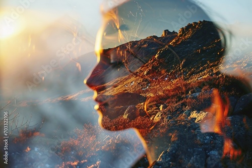 The double exposure with girl and forest.