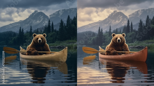 Photograph of a bear paddling a canoe in a lake amidst nature.